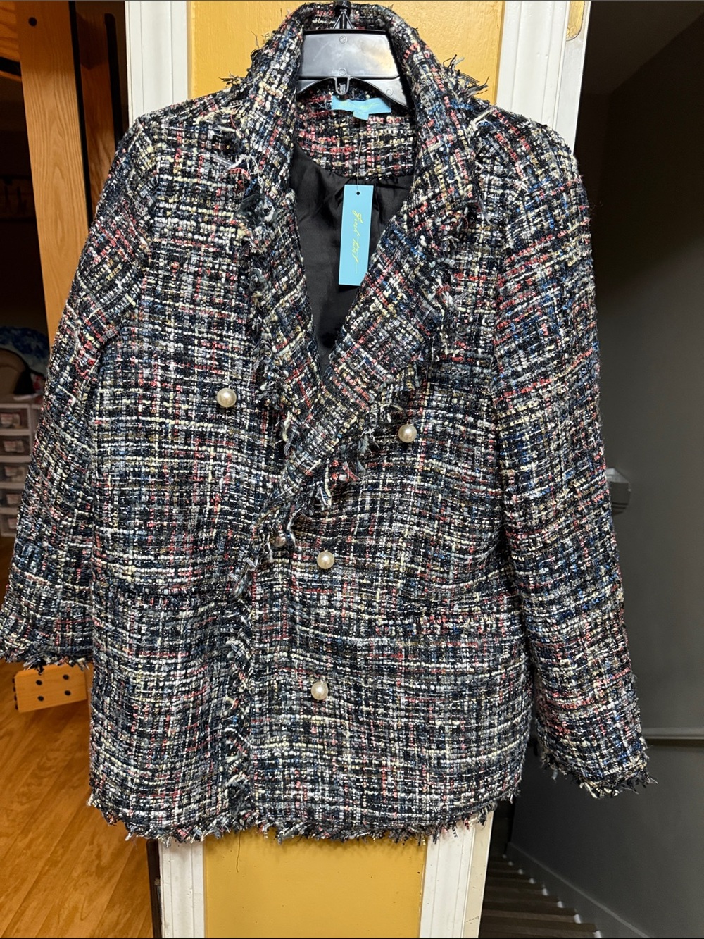 Fresh Twist Tweed Pearl Button Jacket XL Black Multi Frayed Boucle Blazer